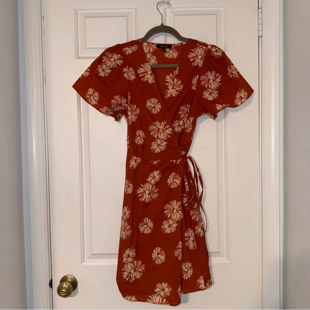 Madewell Floral Print Wrap Cotton V-Neck Mini Dress Rusty Torch dark orange S - Picture 3 of 16